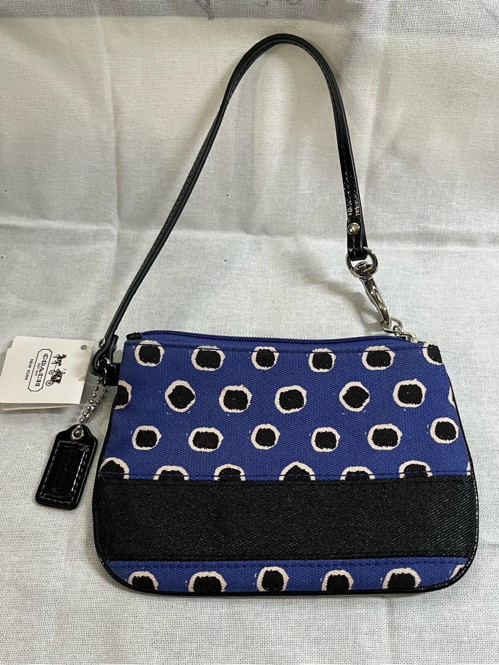 Coach Blue Polka Dot Canvas Wristlet with Black Trim -NWT